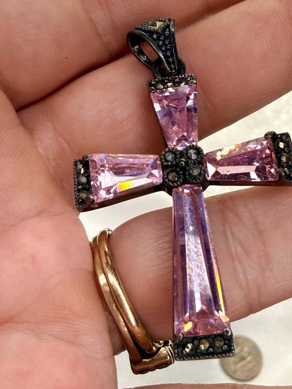 Vintage Sterling Silver Pink Crystal Marcasite Cross
